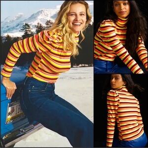Anthropologie Maeve Bright Stripes Puff Sleeve Turtle Neck, size Small